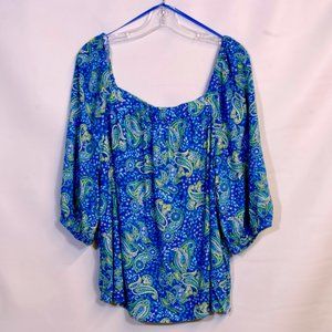 Cooper & Ella Cobalt Blue Paisley Ruffle Balloon Sleeve Off Shoulder Top NWT